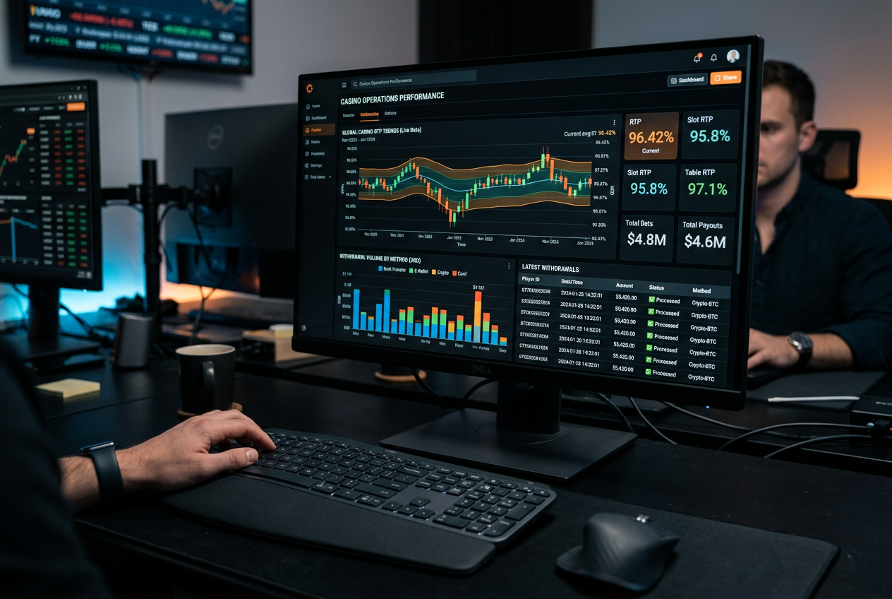 Profesjonalny analityk finansowy analizujący statystyki kasynowe online na wielu monitorach