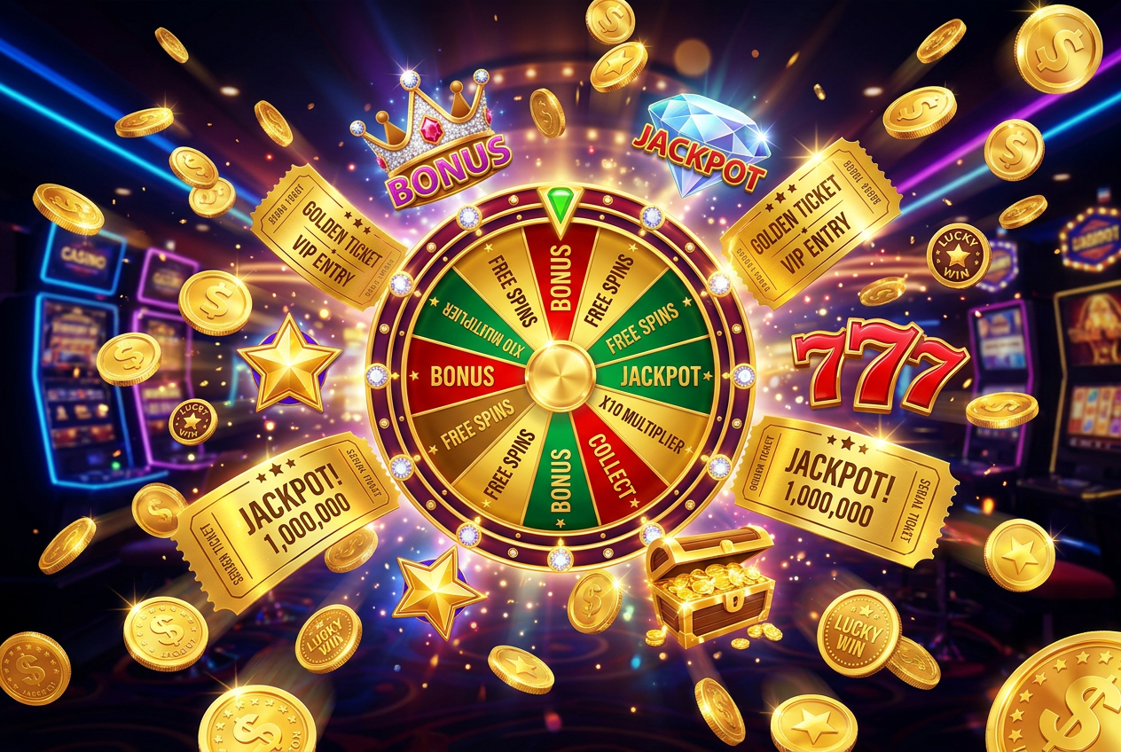 3D graphics of casino bonus icons, golden tickets, and coins in vibrant colors
