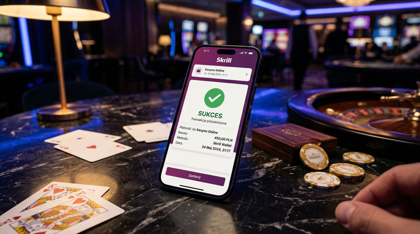 Smartfon z aplikacją Skrill i potwierdzeniem płatności w kasynie online
