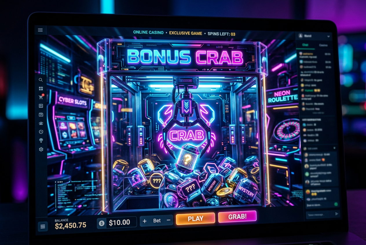 Innowacyjna funkcja Bonus Crab w interfejsie kasyna z nagrodami i efektami neonowymi