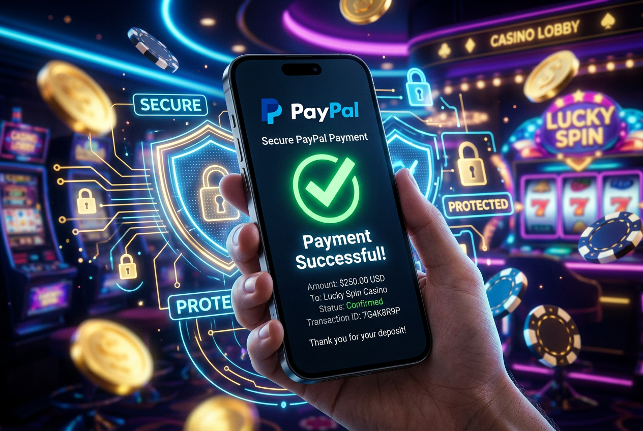 Interfejs płatności PayPal w nowoczesnym kasynie online z ikonami bezpieczeństwa