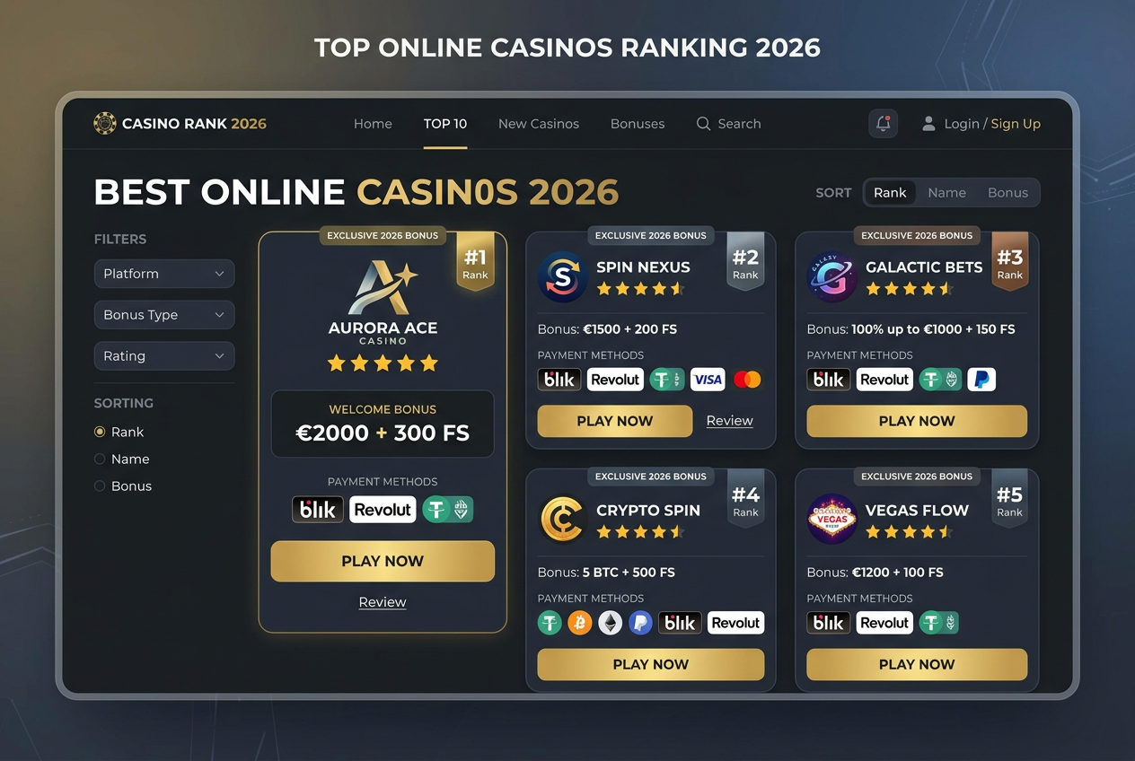 Ekran rankingu nowych kasyn online 2026 przedstawiający dashboard z ofertami bonusowymi i metodami płatności