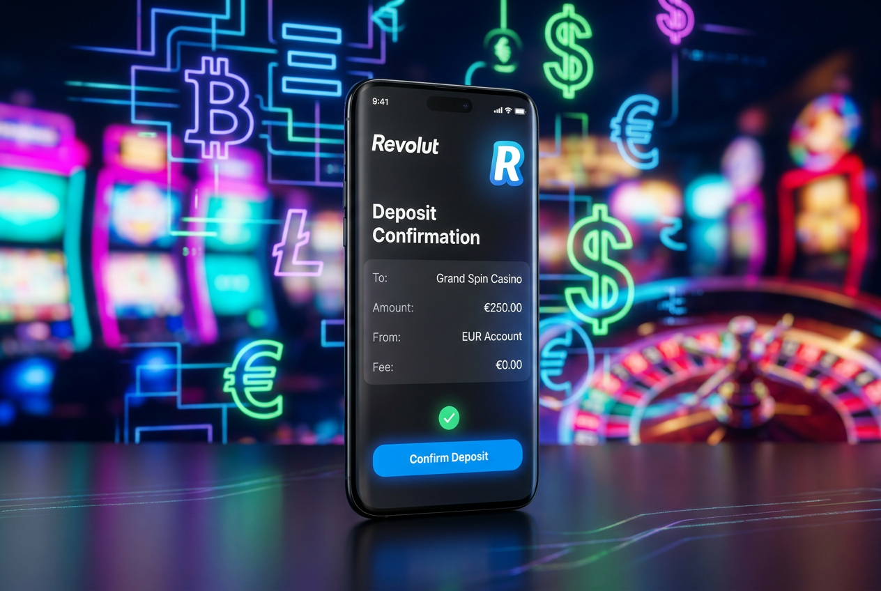 Interfejs aplikacji Revolut z potwierdzeniem depozytu w kasynie online